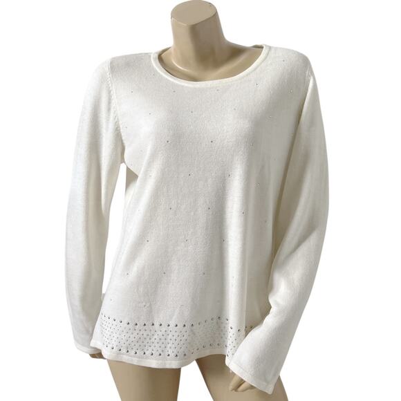 CAROLYN TAYLOR Womens Size Large Cream Rhinestone Long Sleeve Pullover Sweater - Picture 1 of 8